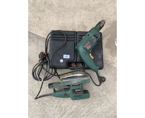 TWO BOSCH TOOLS - A DRILL AND A SANDER WITH DRILL BITS, IN W0RKING ORDER 