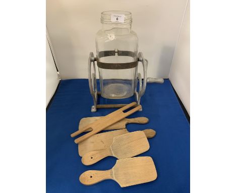 A VINTAGE BUTTER CHURN WITH PATS 