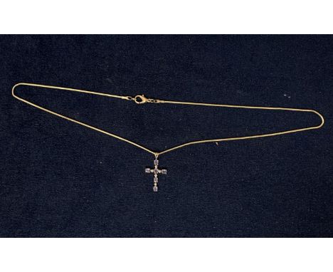 A 9CT WHITE GOLD TANZANITE AND DIAMOND CROSS PENDANT WITH A WHITE METAL CHAIN (UNMARKED), APPROX TOTAL GROSS WEIGHT 6 GRAMS 
