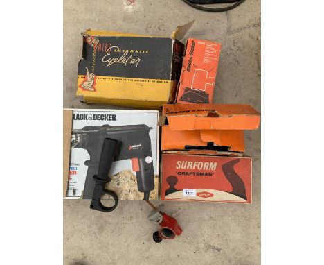 A BLACK AND DECKER DRILL, AN EYELETER MACHINE, SANDER, ETC 