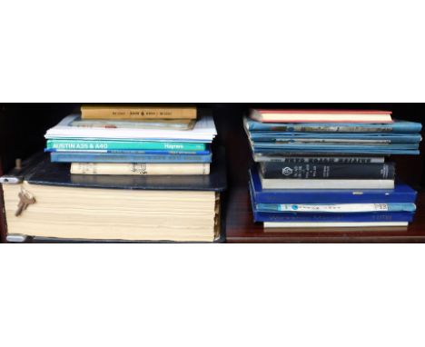 Various workshop manuals, including Austin 1800, Austin A40 and A50 Cambridge, parts catalogue, Haynes Austin A35 and A40 man