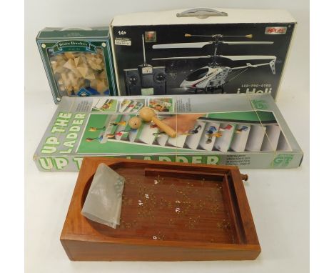 Various games, to include a Digital Proportional R-C helicopter, small bagatelle board, Up the Ladder game, etc. (a quantity)
