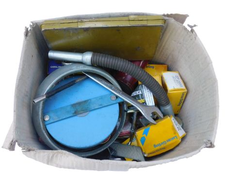 Tools and car parts, including Lucas calliper kits, Rabone Chesterman measuring tape, Magneti Marelli distributor cap, variou