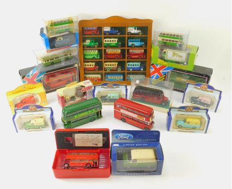 Diecast vehicles, to include display case containing various buses, Oxford diecast, Ford collection Vanguards Ford Transit va