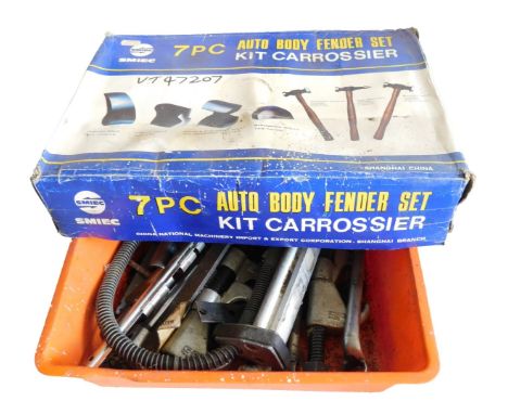 A Smiec seven piece auto body fender set, various sockets, air tools, etc. (1 box)