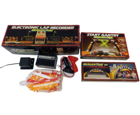 Various Scalextric accesories, including a Scalextric Dunlop bridge C700, Scalextric start gantry and Scalextric electronic l