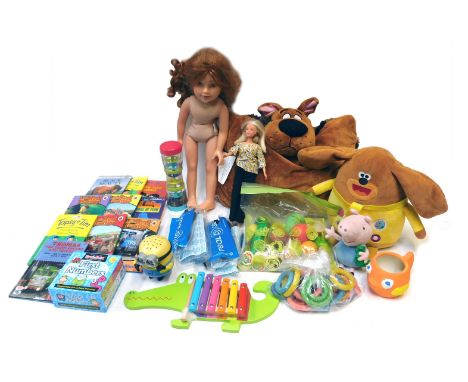 Toys, including xylophone, Early Learning Centre rattle, Minion, Dougie the Dog, Ladybird Children's Classics including Black