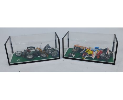 Kit built motorcycle dioramas, including a Harley Davidson, Suzuki, Honda, etc. (2) 
