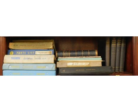 Workshop manuals and parts lists, including Triumph Spitfire Mark 3 sports car, Austin A30/A35 Workshop Manual, A40 parts lis