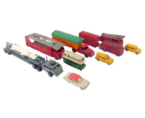 Diecast vehicles, to include car carrier in red, a Semi Remorque Fruehauf, fire engine, Route Master bus, etc. (1 tray)