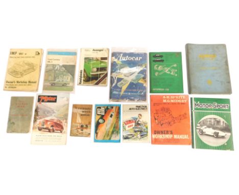 Various car related books, to include Austin A30 and A35 Workshop Manual, The Motor and Motorsport Magazines, Hillman Minx Ow