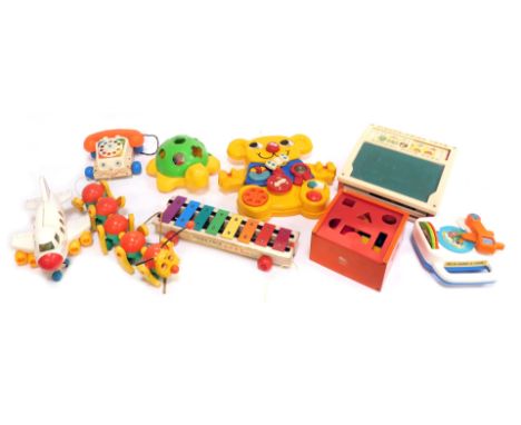 Various toys, to include a Fisher Price dial telephone, Xylophone, building blocks, a Bring Along a Song, a Shapey turtle, et