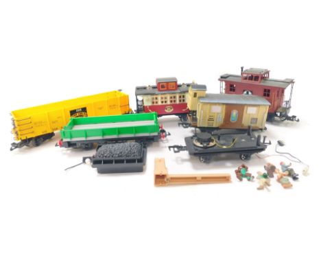 Bachmann and Playmobil G scale rolling stock, including caboose, plank wagons, figures, etc. (1 box) 
