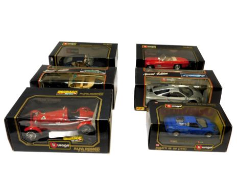 Burago diecast cars, including Buago Alfa Romeo 8C 2300 Monza 1931, Burago Bugatti 110 EB 1991, Burgao Mercedes Benz 300SL Ro