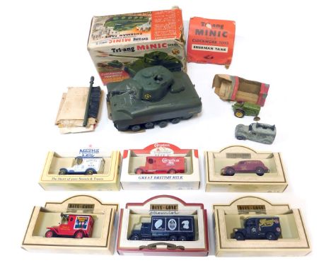 A Tri-ang Minic series 2 clockwork Sherman tank, boxed, a Mettoy 660 mechanical model tractor, a Dinky Toys 34C loudspeaker v
