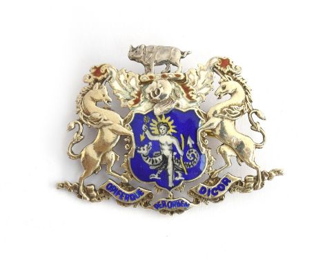 A Garrard &amp; Co. silver and enamel brooch, Worshipful Society of Apothecaries 'Opiferque Per Orbem Dicor', hallmarked Birm