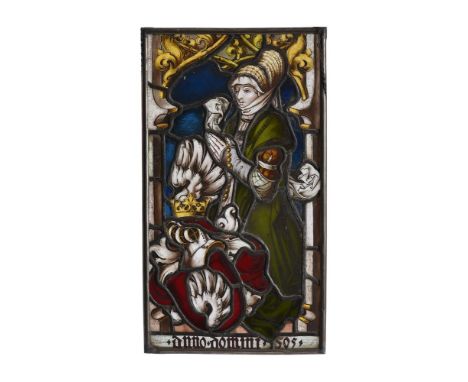 A pair of German stained and leaded glass panels, 19th century, depicting donors in Medieval dress, bearing dates '1500' and 