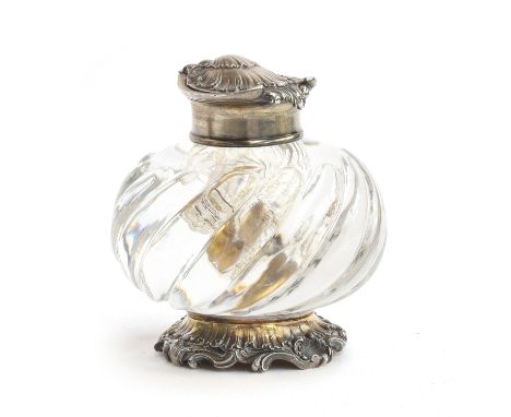 A fine 19th century French silver and Baccarat crystal inkwell, c.1880, the hinged lid and foot chased in Rococo style, gadro