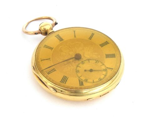 An 18ct gold open face key wind pocket watch, the engine turned dial with Roman numerals and subsidiary seconds, marked for L