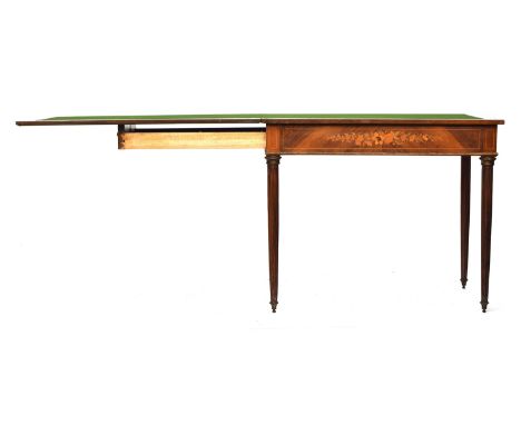 A French kingwood and marquetry games table, the foldover top supported on the single end drawer, with backgammon board, gilt