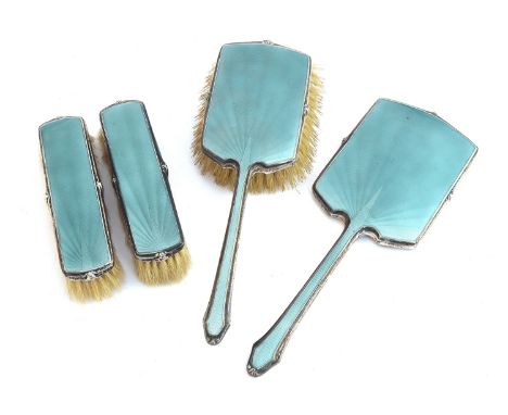 A silver and guilloche enamel dressing table set by Albert Carter, Birmingham 1937, comprising a pair of clothes brushes, hai