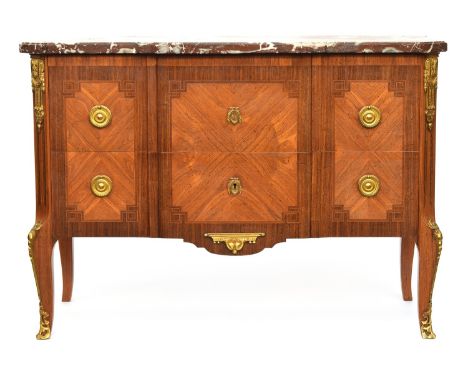 A 20th century French walnut and kingwood banded commode in Louis XVI style, marble top, 116cm wide, 52cm deep, 83cm high 