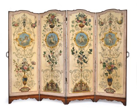 A French late 19th/early 20th century fourfold screen, the panels hand painted with cherubs, griffins, birds and urns of flow