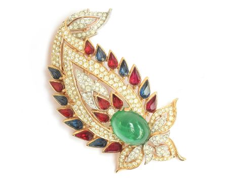 Alfred Philippe for Crown Trifari, a rare 1960s 'Jewels of India' Moghul collection paisley form brooch, set with a faux emer