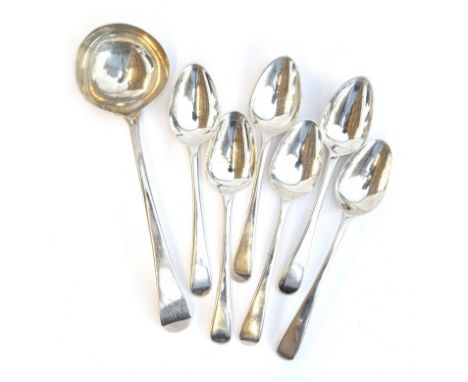 A set of six George III silver teaspoons, London 1807; and a George III sauce ladle, London 1780, 4.3ozt 