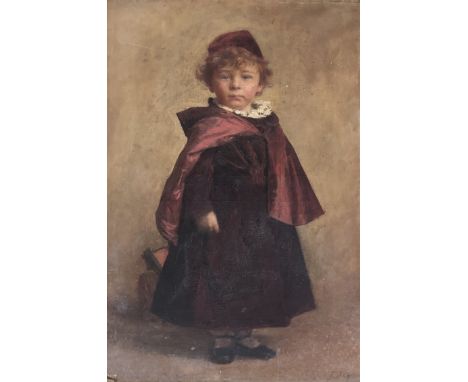 Edward John Gregory RA (1850-1909), full length portrait of a young boy in a red cloak and hat, oil on canvas, 92x62cm 