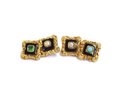 A pair of early 19th century gold and enamel cufflinks, test as 15ct or higher, with square chased border, one set with a pea