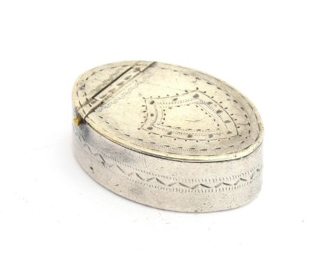 A George III silver patch box by Samuel Pemberton, Birmingham 1791, pointed oval form with bright cut decoration, 2.8cm long 