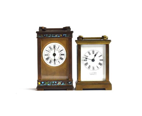 A French gilt metal and champlevé enamel carriage clock, 11.5cm high; together with a smaller brass carriage clock by Chamber