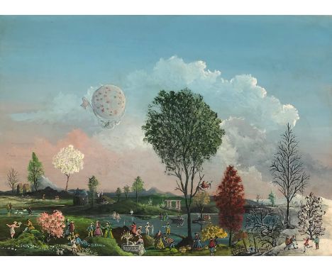Carl Grünwald (German, 1907-1968), 'The Four Seasons', Arcadian fantasy landscape with figures and a balloon, oil on panel, i