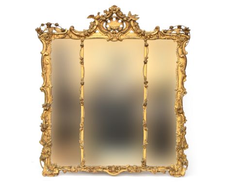 A Rococo Louis XV Chippendale style giltwood and gesso mirror, the C-scroll cresting adorned with two doves, the scrolling fo