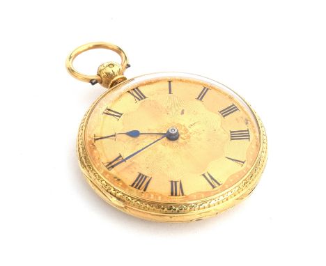 An early 20th century engine turned 18ct gold keywind open face pocket watch, the dial with Roman numerals and blued hands, a