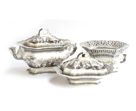 Three pieces of Thomas Godwin transfer ware, W Penns Treaty pattern, a twin handled lidded tureen and ladle, 41cm wide, a sma