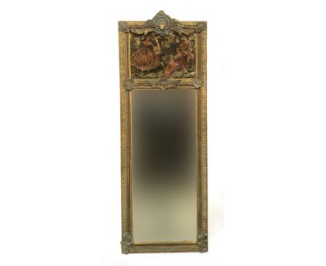 A large gilt gesso mirror, tapestry panel above bevelled plate, 75cm wide, 214cm high 