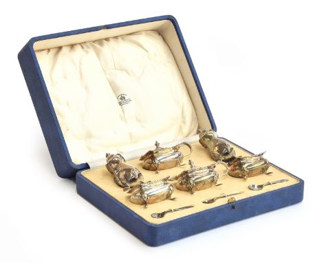 A cased silver six piece cruet set by Mappin &amp; Webb, 2 Queen Victoria Street, London, dated for Birmingham 1937, comprisi