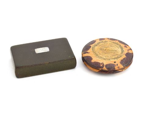 A Mauchline 'Tartanware' snuff box, the hinged lid with central white metal plaque engraved 'David Mitchell, Mill Wright', 9c
