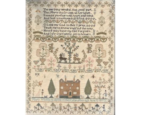 A George III needlework verse sampler by Mary Wickham, aged 11, dated 1819, the verse reading 'The one thing needful, that go