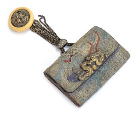 A Japanese Meiji era tabako-ire embroidered sagemono tobacco pouch with white metal and ivory kagamibuta netsuke depicting a 