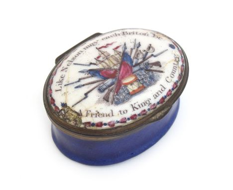Lord Nelson interest: A rare 18th century Bilston enamel patch box, depicting a tall ship, stand of arms with cannon and mott