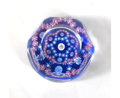 An attractive and Whitefriars glass 1978 Coronation Orb with Garland PL521 paperweight, 6+1 window cut featuring a central mo