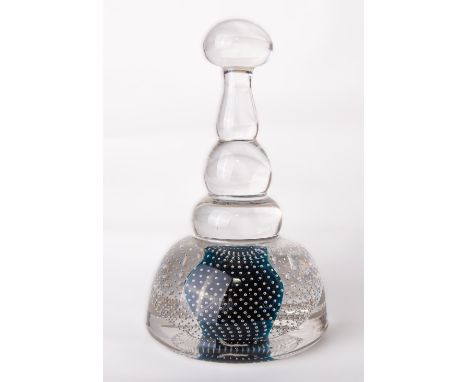 A unique one-off Whitefriars glass flint encased bubble over kingfisher blue core doorstop, of mallet form with triple steppe