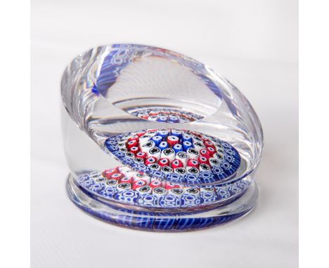 An unusual and possible experimental Whitefriars glass concentric millefiore paperweight, re-cut with angled or sloping surfa