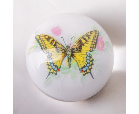 A rare Whitefriars glass experimental ceramic transfer Butterfly paperweight, un-cut dome, one of a small batch of experiment