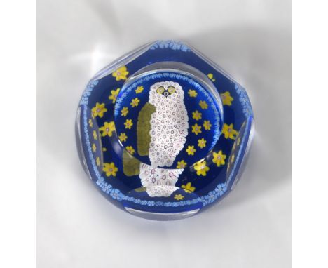 A Whitefriars glass Large Owl at Night PA601 paperweight, 5+1 window cut and featuring a large central owl against a light bl