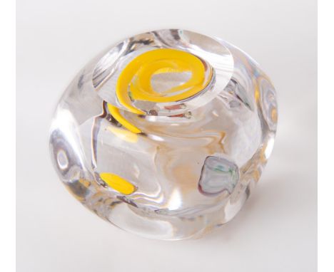 A rare experimental Whitefriars glass abstract paperweight, of square outline with central yellow opal swirl and crushed cane