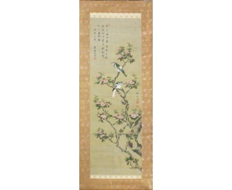 A CHINESE PAINTED SILK SCROLL, DECORATED WITH BIRDS AND BLOSSOM, LAID AND FRAMED, CIRCA EARLY 20TH C, 120 X 46CM